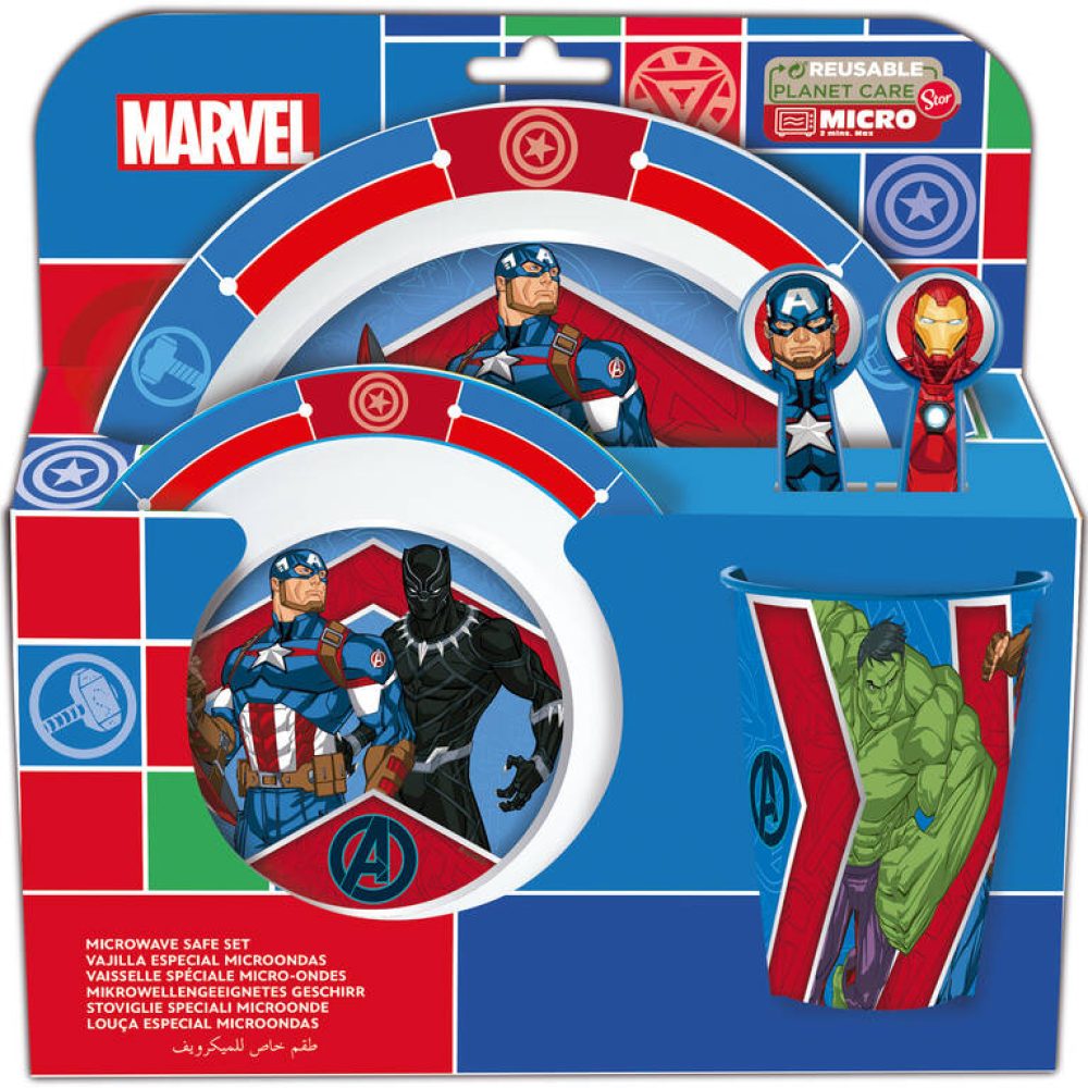 SET MICRO 5 PCS MARVEL (PLATO, CUENCO, VASO 260 ML Y CUBIERTOS)