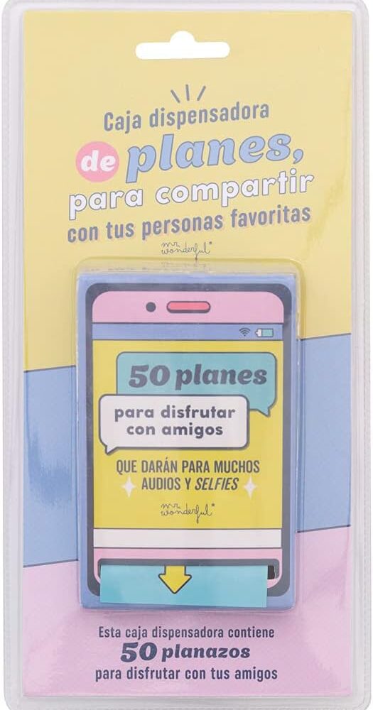 CAJA DISPENSADORA DE 50 PLANES PARA DISFRUTAR CON AMIGOS, QUE DARÁN PARA MUCHOS AUDIOS Y SELFIES