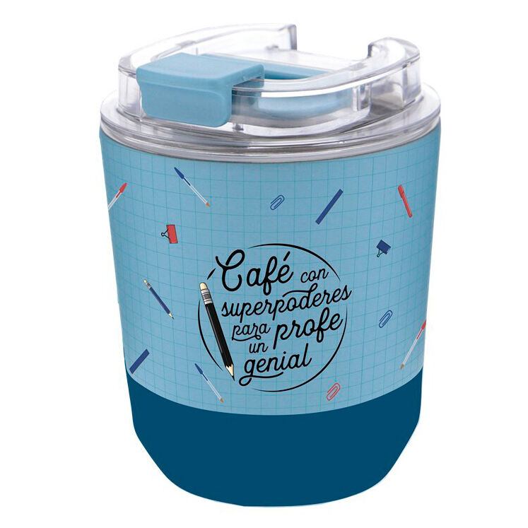 VASO TÉRMICO PARA PROFES CON MENSAJE - CAFÉ CON SUPERPODERES PARA UN PROFE GENIAL