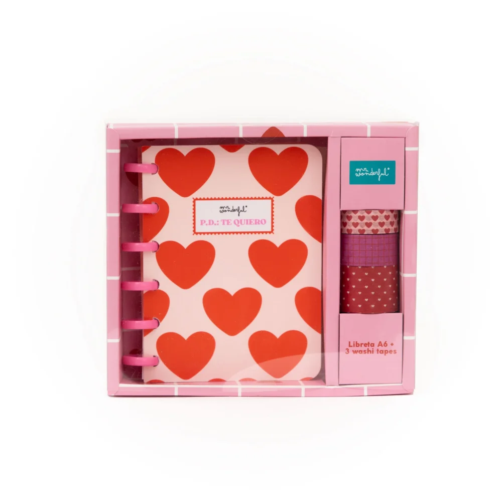 SET DE LIBRETA A6 PARA DEJAR MENSAJES DE AMOR + 3 WASHI TAPES - P.D. : TE QUIERO