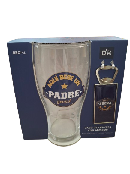 VASO DE CERVEZA PARA PAPÁ CON ABRIDOR - AQUÍ BEBE UN PADRE GENIAL