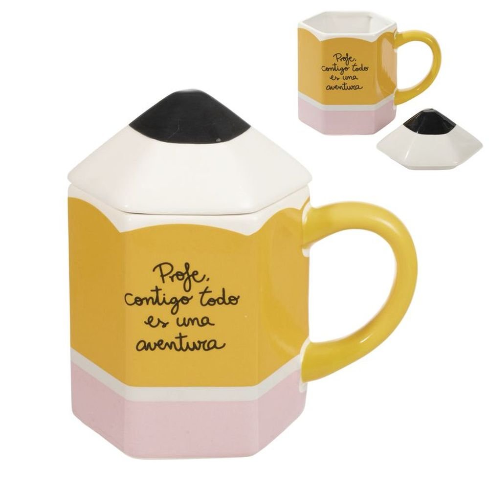 TAZA TISANA CON FILTRO PARA PROFES EN FORMA DE LÁPIZ CON MENSAJE - PROFE, CONTIGO TODO ES UNA AVENTURA